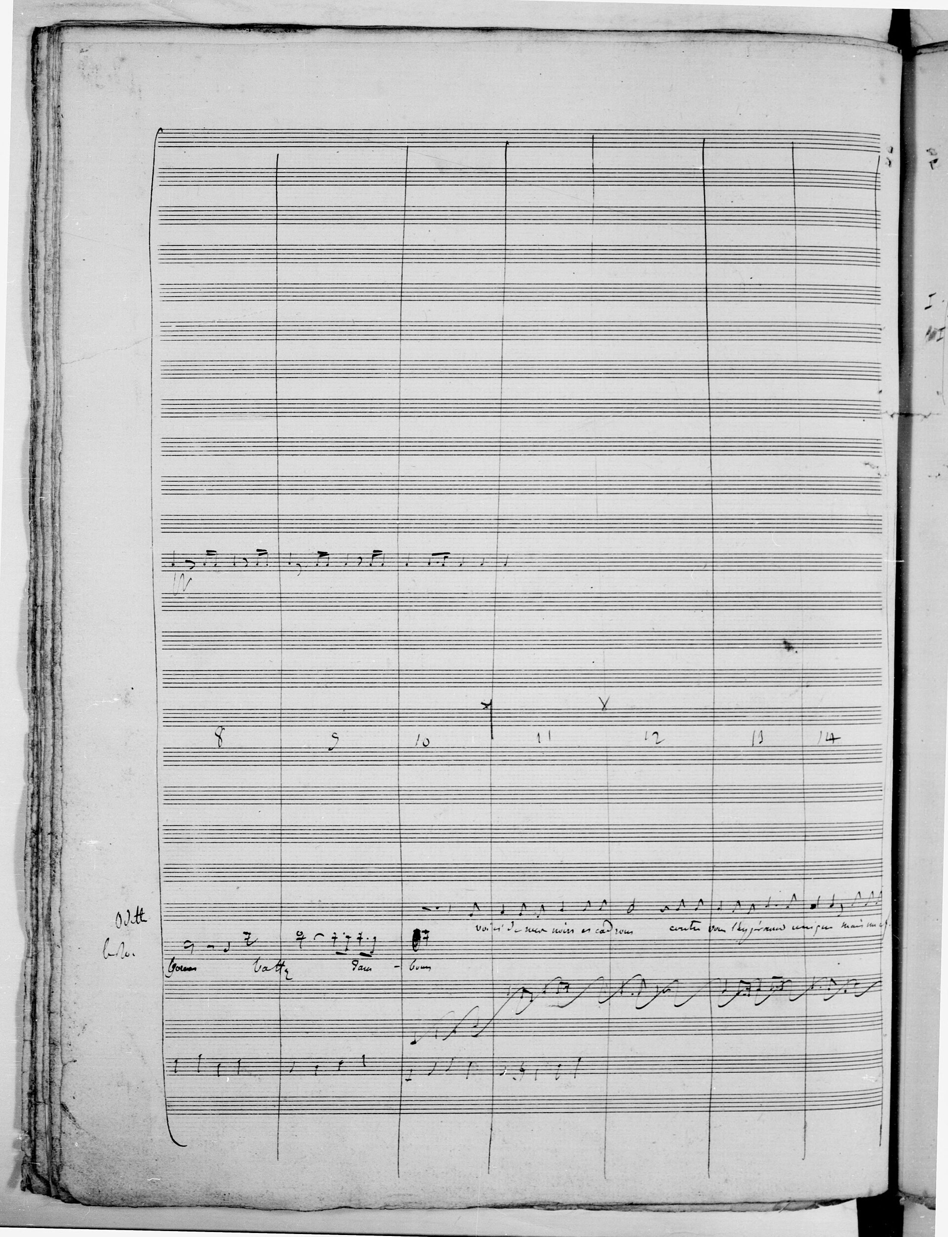 Página de partitura orquestral manuscrita, com muitas pautas e anotações a tinta