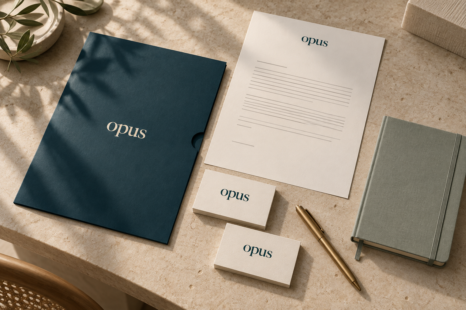 Pasta petróleo, papel timbrado e cartões com a palavra opus sobre mesa de pedra