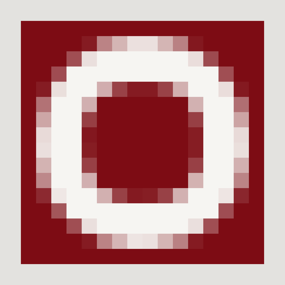 O favicon de 16 pixels ampliado, mostrando cada pixel do anel Cal sobre o azulejo Vinho